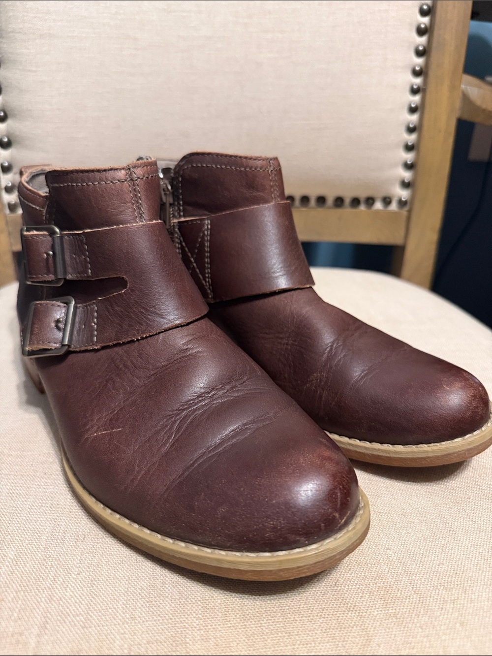 Timberland Dark Brown Leather Ankle Booties with Buckle Straps Size 8